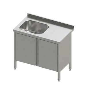 Mesa de trabajo de acero inoxidable con puertas y fregadero para la industria alimentaria / 1000x600x875