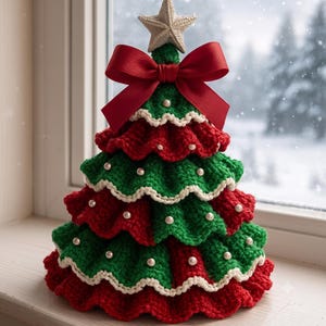 May include: A crocheted Christmas tree decoration featuring alternating ruffled tiers of green and red yarn. The edges are trimmed in cream-colored yarn, accented with small white beads, topped with a large red satin bow and a textured star.