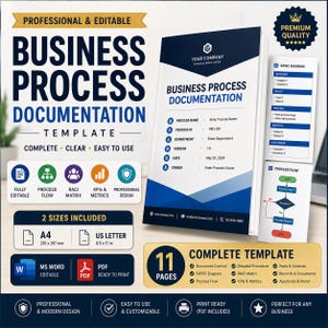 May include: A professional and editable business process documentation template in A4 and US Letter sizes. The document features a blue and white design with sections for process name, ID, department, version, date, and owner, plus a SIPOC diagram.