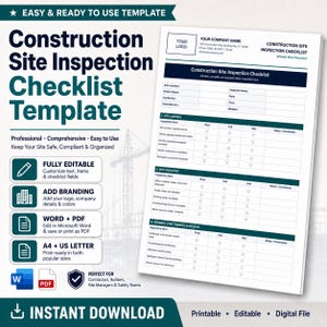 May include: A digital construction site inspection checklist template featuring sections for site control, site facilities, and general site tidiness. The document includes fields for company name, logo, location, project, and inspector details.