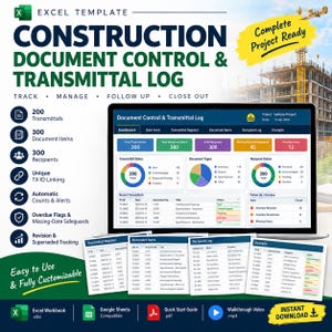 May include: An Excel template for construction document control and transmittal logs. The digital interface displays a dashboard with charts, status tables, and tracking metrics for 200 transmittals, 300 document items, and 300 recipients.