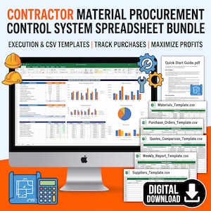 May include: A digital contractor material procurement control system spreadsheet bundle displayed on a computer monitor, featuring charts, tables, and CSV templates including materials, purchase orders, quotes, and supplier tracking documents.
