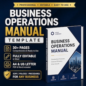 May include: A Business Operations Manual template featuring a dark blue and white cover with a city skyline graphic. Text includes Business Operations Manual, 30+ Pages, Fully Editable in Word, A4 & US Letter, and SOPs, Policies, Procedures for Any Business.