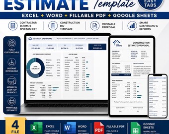 May include: A digital construction estimate template displayed on a laptop, tablet, and smartphone. The screens show an estimate dashboard, a proposal document, and cost breakdown charts. Text includes Construction Estimate Template, 8 Easy Tabs, and file formats like Excel, Word, Fillable PDF, and Google Sheets.
