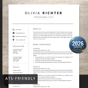May include: A white resume template with black text featuring sections for profile, work experience, education, and skills. The document includes contact icons, placeholder text, and a circular blue badge with the text 2026 DESIGN.