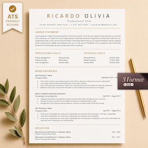 May include: A professional CV template featuring a clean layout with sections for career statement, professional skills, technical skills, work experience, and education. The document includes placeholder text, a gold badge labelled ATS FRIENDLY RESUME, and a gold pen.