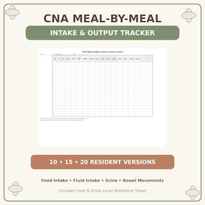 May include: A CNA Meal-by-Meal Intake & Output Tracker document featuring a grid for recording food, fluid, urine, and bowel movements. The header includes the title and text indicating 10, 15, and 20 resident versions are available.