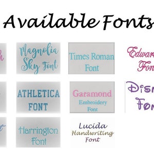 May include: A collage of 12 different font styles, including Southbeach Embroidery Font, Magnolia Sky Font, Times Roman Font, Edwardian Font, School Book Font, ATHLETICA FONT, Garamond Embroidery Font, Disney FONT, Midnight Font, Harrington Font, Lucida Handwriting Font.