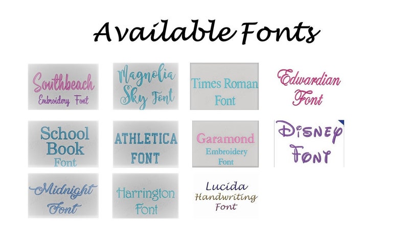May include: A collage of 12 different font styles, including Southbeach Embroidery Font, Magnolia Sky Font, Times Roman Font, Edwardian Font, School Book Font, ATHLETICA FONT, Garamond Embroidery Font, Disney FONT, Midnight Font, Harrington Font, Lucida Handwriting Font.