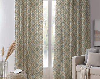 Living Room Curtains or Valance Dining Room Curtains Bedroom Curtains Monticello Dusty Blue Green and Butterscotch on Cream Background