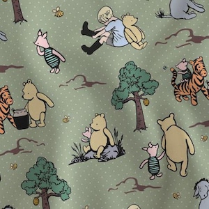 May include: A repeating pattern featuring illustrations of Winnie the Pooh and friends on a light green background with white polka dots. The characters include Pooh, Piglet, Tigger, and Christopher Robin, along with trees and bees.