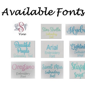 May include: A collage of 12 different embroidery fonts, including Sofia, Vine, Star Strella, Hydrangea, Beautiful People, Arial, Lightning, Oregano, Sweet Mia, Starfish Script, Cooper Fill Stitch BOLD, and Georgia. The fonts are displayed in a grid format on a white background.