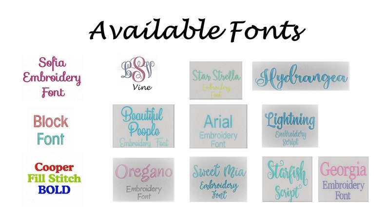 May include: A collage of 12 different embroidery fonts, including Sofia, Vine, Star Strella, Hydrangea, Beautiful People, Arial, Lightning, Oregano, Sweet Mia, Starfish Script, Cooper Fill Stitch BOLD, and Georgia. The fonts are displayed in a grid format on a white background.