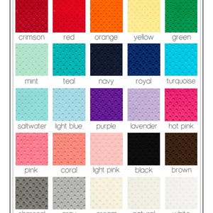 May include: A chart showing 20 different colors of minky fabric. The colors are arranged in rows and columns. The colors include crimson, red, orange, yellow, green, mint, teal, navy, royal, turquoise, saltwater, light blue, purple, lavender, hot pink, pink, coral, light pink, black, brown, charcoal, gray, cream, natural, and white.