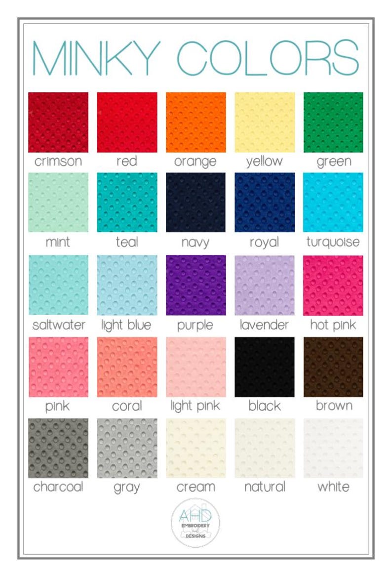 May include: A chart showing 20 different colors of minky fabric. The colors are arranged in rows and columns. The colors include crimson, red, orange, yellow, green, mint, teal, navy, royal, turquoise, saltwater, light blue, purple, lavender, hot pink, pink, coral, light pink, black, brown, charcoal, gray, cream, natural, and white.