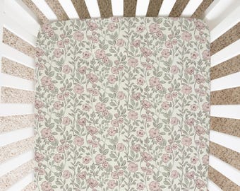 Baby Shower Gift Baby Girl Gift New Mom Gift Blush and Green Floral Crib Sheet