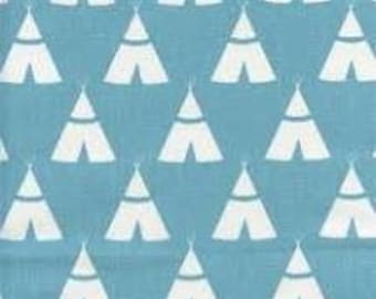 May include: A seamless fabric pattern featuring a repeating design of white teepees on a light blue background.