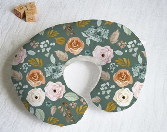 Dark Sage Floral Nursing Pillow Cover with Personalization Option - Blush Pink Copper