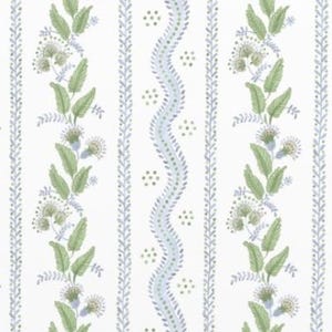 May include: A white background with a repeating pattern of green leaves, blue wavy lines, and small green dots. The pattern is in vertical stripes.