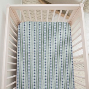 Baby Shower Gift New Baby Gift New Mom Gift - Green and Blue Stripe with Leaf Crib Sheet