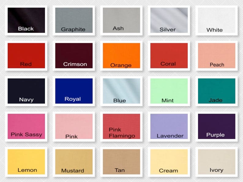 Peut inclure: Un nuancier avec 25 &eacute;chantillons de couleurs diff&eacute;rentes. Les couleurs sont dispos&eacute;es en cinq rang&eacute;es de cinq &eacute;chantillons chacune. Les couleurs comprennent le noir, le graphite, le gris cendr&eacute;, l'argent, le blanc, le rouge, le cramoisi, l'orange, le corail, la p&ecirc;che, le marine, le bleu royal, le bleu, la menthe, le jade, le rose vif, le rose, le rose flamant, la lavande, le violet, le citron, la moutarde, le beige, la cr&egrave;me et l'ivoire.