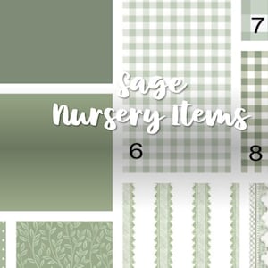 Puede incluir: Imagen de "Sage Nursery Items" con varios patrones y colores. Incluye bloques de color verde salvia liso, lunares, patrones de hojas, cuadros de vichy y bordes de encaje decorativos. El texto "Sage Nursery Items" se muestra en cursiva.