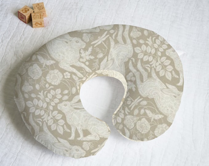 New Baby Gift Baby Shower Gift Baby Mom Gift Rabbit on Linen Nursing Pillow Cover With Personalization Option - 2 color options