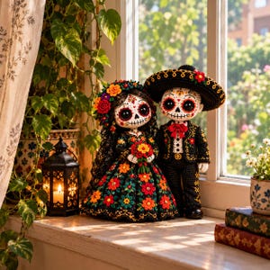 May include: Two crocheted dolls dressed in formal attire with skull-themed face paint. The female doll wears a black floral dress, a veil, and a flower crown. The male doll wears a black suit with a red bow tie and a wide-brimmed sombrero.