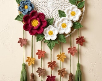 Schema PDF per ghirlanda all'uncinetto, tutorial per decorazione murale floreale in stile boho, con nappe (download immediato)