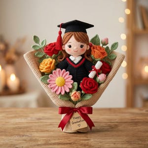 Op de afbeelding: Een gehaakt afstudeerboeket met een pop in een zwarte afstudeerhoed en toga, omringd door rode, oranje en gele rozen, een roze margriet en groene bladeren. Het boeket is verpakt in beige stof met een rood lint en een label met de tekst Happy Graduation.