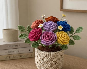 Crochet Rose Basket Pattern, Amigurumi Flower Bouquet Tutorial (PDF Download)