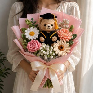 May include: A crochet bouquet featuring a tan teddy bear wearing a black graduation cap with a yellow tassel and a black gown. The arrangement includes white daisies, a pink rose, a peach flower, and small white filler flowers with green leaves, all wrapped in pink paper and tied with a cream satin ribbon.