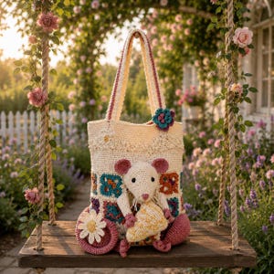 May include: A cream-colored crochet tote bag featuring a patchwork of colorful granny squares, a three-dimensional crocheted mouse holding a yellow piece of cheese, and a large white daisy appliqué attached to the bottom corner of the bag.