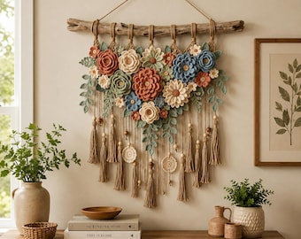 Boho Bloom Crochet Wall Hanging Pattern | Floral Macrame Style Decor (PDF Download)