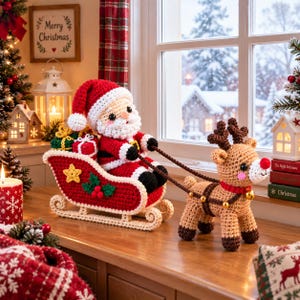Könnte beinhalten: Eine gehäkelte Weihnachtsmannfigur mit rot-weißer Mütze und Anzug, die in einem roten, gehäkelten Schlitten mit kleinen Geschenken sitzt. Der Schlitten ist mit dunkelbraunen, gehäkelten Zügeln an einem beigen, gehäkelten Rentier befestigt.