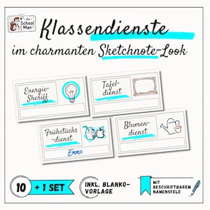 Puede incluir: Un conjunto de tarjetas rectangulares para tareas escolares con ilustraciones dibujadas a mano y texto en alemán como Energie-Sheriff, Tafel-dienst, Frühstücks-dienst y Blumen-dienst, con campos para nombres en blanco.