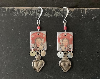 Enamel Image & Heart Milagro Earrings, Brunette Woman in Red Hat