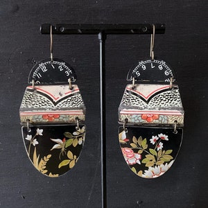 Upcycled Vintage Tin Earrings, Repurposed Tin, Asian Floral Design on Black, Watch Face, Lightweight