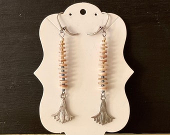 Long Upcycled Heishi Shell Bead Earrings, Silver Lotus Charms