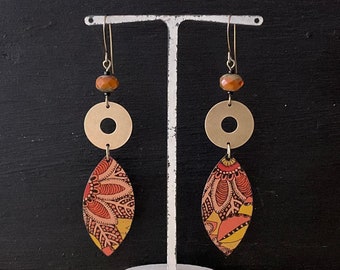 Long Floral Tin Earrings, Repurposed Colorful Tin and Brass, Lightweight