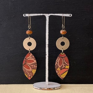 Long Floral Tin Earrings, Repurposed Colorful Tin and Brass, Lightweight