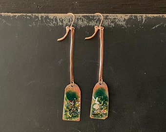 Rustic Enamel Copper Earrings, Deep Green Enamel and Copper Findings, Lightweight