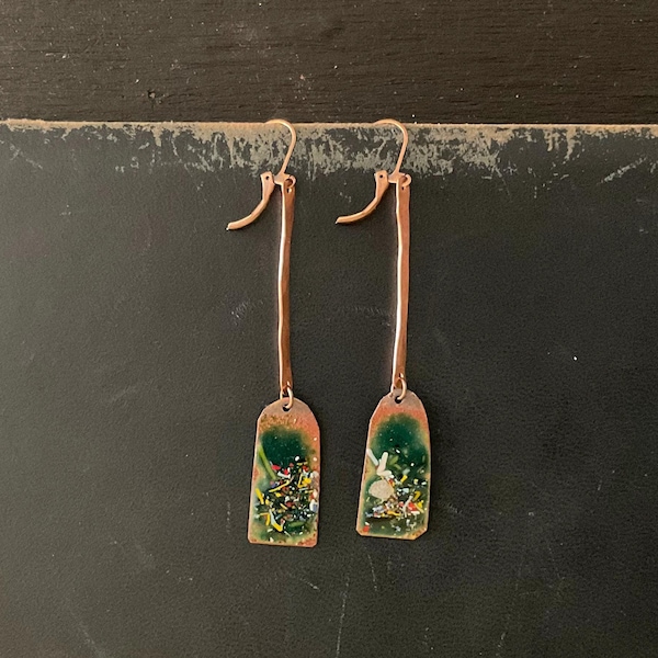 Rustic Enamel Copper Dangle Earrings, Green Patina