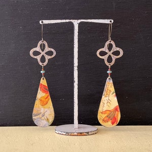 Long Upcycled Vintage Tin Earrings, Repurposed Floral Tin, Teardrop, Brass, Lightweight