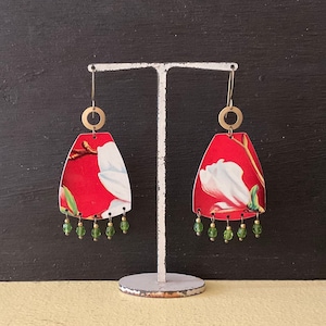 Large Upcycled Tin Magnolia Earrings, Repurposed Vintage Tin, Brass and Faceted Beads, Lightweight