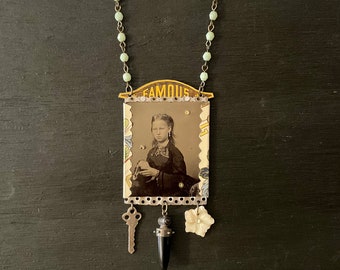 Up-cycled Assemblage Necklace, Mixed Media and Tin Pendant, Mixed Metal, Child Tintype Photo, Beaded Chain