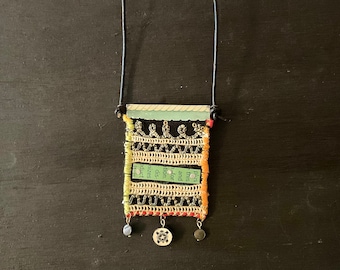 Repurposed Textile & Tin Art Necklace, Vintage Materials, Leather Cord, Assemblage Jewelry