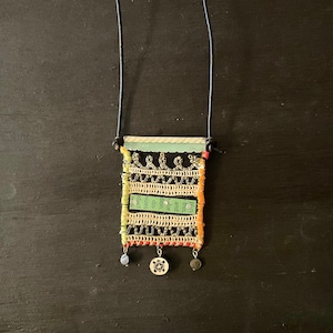 Repurposed Textile & Tin Art Necklace, Vintage Materials, Leather Cord, Assemblage Jewelry