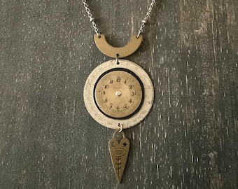 Steampunk Watch Dial Charm Necklace, Boho Jewelry, Mixed Metal, Brass, 24"