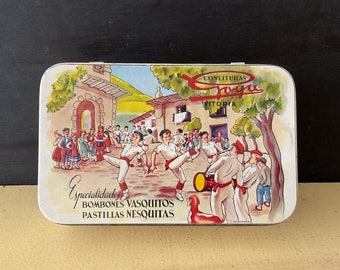 Vintage Spanish Tin, Traditional Dancers, Confituras Goya, Bombones Vasquitos, Empty Biscuit Tin